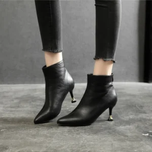 wb 0014 women's black pu leather pointed toe stiletto ankle boots | winter new style work boots | small sizes 31 33 & large sizes 41 43 | sleek heeled booties for office/daily