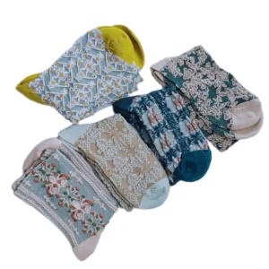 wrs 004 5 pairs of women's three dimensional flowers pattern green series cotton socks vintage floral embossed crew socks printed