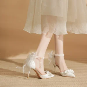 wp 0056 white bridal stiletto heels with bow, pearls & floral appliques wedding pointed toe d'orsay pumps