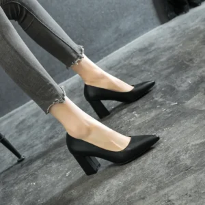 wp 0055 classic black pointed toe block heel pumps for women 3/5/7cm comfort chunky heel office dress shoes